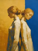Twee vrouwen, olieverf in diep mosterd en kobalt, schilderachtig olieverf schilderij, twee vrouwen