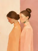 Twee vrouwen, olieverf in diep perzik en abrikoos, schilderachtig olieverf schilderij, twee vrouwen