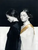 Twee vrouwen, olieverf in diep ravenzwart en parelmoer, schilderachtig olieverf schilderij, twee vrouwen