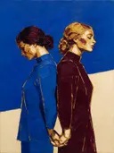 Twee vrouwen, olieverf in diep royal blauw, schilderachtig olieverf schilderij, twee vrouwen
