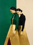 Twee vrouwen, olieverf in diep smaragd en zwart, schilderachtig olieverf schilderij, twee vrouwen
