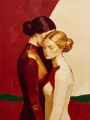 Twee vrouwen, olieverf in donker granaatappel, schilderachtig olieverf schilderij, twee vrouwen