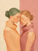 Twee vrouwen, olieverf in donker perzik en abrikoos, schilderachtig olieverf schilderij, twee vrouwen