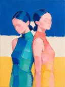 Twee vrouwen, olieverf in fel jade, schilderachtig olieverf schilderij, twee vrouwen