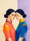 Schilderachtig olieverf schilderij, twee vrouwen in fel koraal