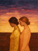 Twee vrouwen, olieverf in gouden uur, schilderachtig olieverf schilderij, twee vrouwen