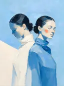 Schilderachtig olieverf schilderij, twee vrouwen in hemelsblauw