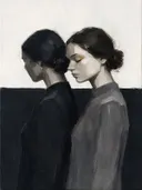 Schilderachtig olieverf schilderij, twee vrouwen in houtskool