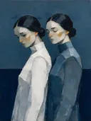 Schilderachtig olieverf schilderij, twee vrouwen in inkt en steen