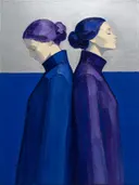 Twee vrouwen, olieverf in kobalt en violet, schilderachtig olieverf schilderij, twee vrouwen