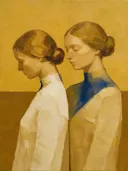 Twee vrouwen, olieverf in mosterd en kobalt, schilderachtig olieverf schilderij, twee vrouwen