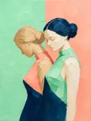 Schilderachtig olieverf schilderij, twee vrouwen in munt en koraal