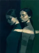 Schilderachtig olieverf schilderij, twee vrouwen in nacht