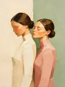 Twee vrouwen, olieverf in perzik en abrikoos, schilderachtig olieverf schilderij, twee vrouwen