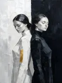 Twee vrouwen, olieverf in ravenzwart en parelmoer, schilderachtig olieverf schilderij, twee vrouwen