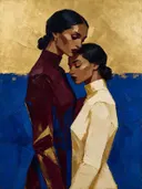 Twee vrouwen, olieverf in royal blauw, schilderachtig olieverf schilderij, twee vrouwen