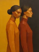 Schilderachtig olieverf schilderij, twee vrouwen in saffraan en roest