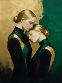Twee vrouwen, olieverf in smaragd en zwart, schilderachtig olieverf schilderij, twee vrouwen