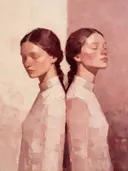 Schilderachtig olieverf schilderij, twee vrouwen in stoffig roze