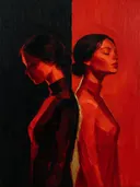 Schilderachtig olieverf schilderij, twee vrouwen in vuurrood