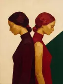 Twee vrouwen, olieverf in warm granaatappel, schilderachtig olieverf schilderij, twee vrouwen