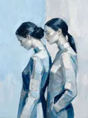 Schilderachtig olieverf schilderij, twee vrouwen in zilver en ijsblauw