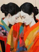 Portret van twee vrouwen in kleurrijke kimono's met de hoofden tegen elkaar.