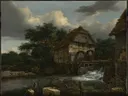 Twee watermolens en een open sluis van Jacob van Ruisdael: landschap met watermolens, sluis, water en bomen, in warm bruin en grijs