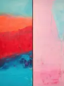 Abstract schilderij met een verticale scheiding tussen zonsondergangkleuren en pastelvlakken