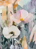 Twee witte papaverbloemen in collage, botanisch schilderij
