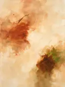 Twee wolken in terracotta en bruin, abstract schilderij met doorschijnende wassingen