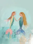 Schilderij van twee zeemeerminnen die elkaars hand vasthouden onder water