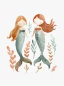 Illustratie van twee zeemeerminnen tussen zeewier, kinderkamer schilderij