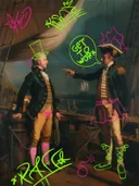 Graffiti-kunstwerk 'Twee Zeeofficieren Graffiti Editie', klassiek portret met street-art overspoten