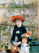 Twee zusjes van Pierre-Auguste Renoir: figuren met twee meisjes, rode hoed, bloemen en terras, in rood, blauw en groen