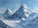 Schilderij van twee bergpieken boven een gletsjer
