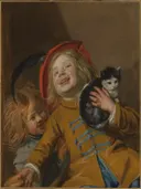 Two Children with a Cat van Judith Leyster: figuren met kinderen, kat, lachen en viool, in warm okergeel en bruin