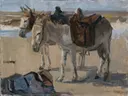 Two Donkeys van Isaac Israels: dieren met ezels, strand, zee en zand, in gedempt grijsbruin