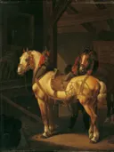 Two draft horses in the stable van Johann Baptist Dallinger von Dalling: dieren met paarden, stal, tuig en hooi, in warm bruin en geel