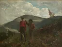 Two Guides van Winslow Homer: landschap met mannen, bergen, heuvels en wolken, in gedempt groen en grijs