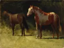 Two Horses van Albert Bierstadt: dieren met paarden, weide, bomen en gras, in warm bruin en groen