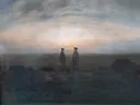 Two Men by the Sea van Caspar David Friedrich: zee met mannen, zee, strand en maan, in gedempt grijsblauw