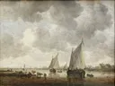 Two Sailboats on a River with Cattle on the Riverbank van Jan van Goyen: landschap met rivier, zeilschepen, koeien en wolken, in gedempt grijs en oker