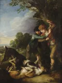 Two shepherd boys with dogs fighting van Thomas Gainsborough: figuren met herdersjongens, honden, boom en gevecht, in donker bruin met blauw