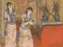 Two Women, c. 1878 1880 van Edgar Degas: figuren met vrouwen, hoedenwinkel, jurken en spiegel, in roze en rood
