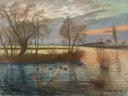 Überschwemmung im alten Dorf 1938 van Otto Modersohn: landschap met overstroming, water, bomen en dorp, in zacht blauw en oker
