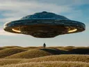 Een groot ufo-achtig ruimteschip zweeft boven glooiende gouden heuvels met een astronaut die ernaar opkijkt.