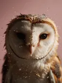 Studiofoto van uil die zich uitschudt in poederroze, tegen een achtergrond in poederroze