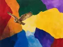 Schilderij van uil in alle kleuren van de regenboog, in vlakke kleurvlakken
