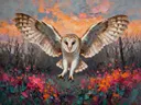 Uil in beweging in een bloementuin, schilderij van uil